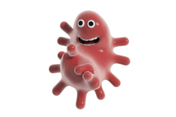 Naklejka premium A friendly, red, blob-like cartoon character with tentacles, big eyes, and a wide smile joyfully points forward, resembling a playful microbe. background removed