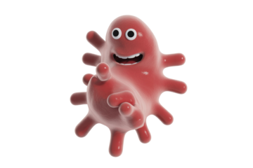 A friendly, red, blob-like cartoon character with tentacles, big eyes, and a wide smile joyfully points forward, resembling a playful microbe. background removed