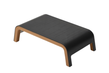 A modern black and wood monitor stand with perforated top for ventilation. Elevates screen height for improved ergonomics and airflow. background removed