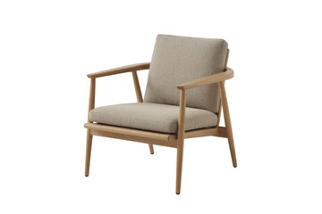 A modern light wood armchair with beige fabric cushions, featuring a minimalist design suitable for contemporary living spaces and comfort. background removed