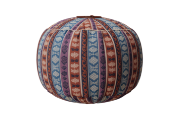 This image features a vibrant, round fabric pouf with detailed vertical striped patterns in bohemian and tribal styles. background removed