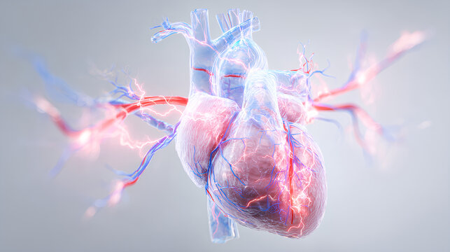 Medical illustration of human heart with atrial fibrillation showing irregular electrical signals and disrupted rhythm with visible veins and arteries
