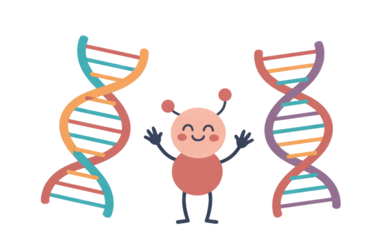 A cheerful cartoon character with antennae stands between two colorful DNA double helix structures, symbolizing genetics and molecular biology. background removed - Powered by Adobe