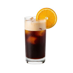Iced coffee cocktail with orange slice isolated on transparent background in glass