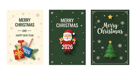 Festive Merry Christmas and Happy New Year 2026 greeting cards. Three designs include Santa Claus, Christmas tree, and gifts on green and beige backgrounds, perfect for holiday season wishes