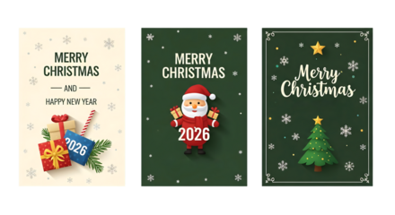 Festive Merry Christmas and Happy New Year 2026 greeting cards. Three designs include Santa Claus, Christmas tree, and gifts on green and beige backgrounds, perfect for holiday season wishes