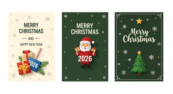 Festive Merry Christmas and Happy New Year 2026 greeting cards. Three designs include Santa Claus, Christmas tree, and gifts on green and beige backgrounds, perfect for holiday season wishes
