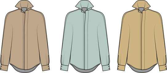 Three different colored collared shirts displayed from the front view