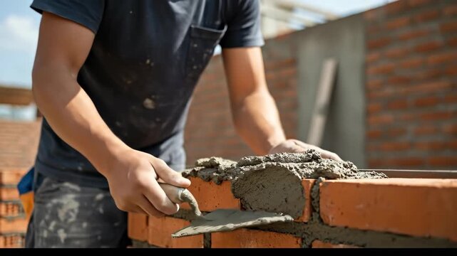 A construction worker carefully lays bricks with mortar, building a wall on a sunny day.