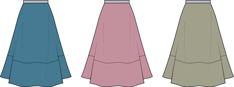 Collection of three tiered A-line midi skirts in different colors teal, rose, and khaki, presented in a flat illustration style