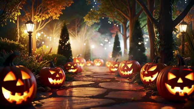 Mystical Halloween Night Journey Along a Spooky Path Lined with Glowing Jack-o-lanterns.