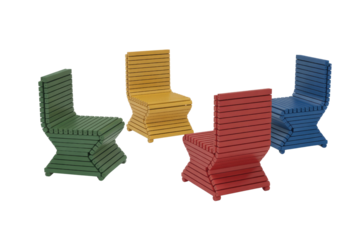 Four colorful slatted chairs (green, yellow, red, blue) with unique accordion-style bases, offering modern, vibrant seating on a dark background. background removed