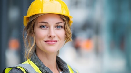 Smiling female construction worker wearing a yellow hard hat and safety vest
