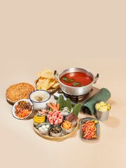Assorted Asian Hotpot Ingredients Including Meats Noodles Vegetables and Sauces on Neutral Background Stock Photo