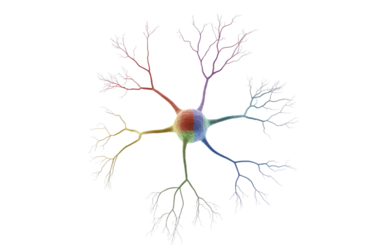 A vibrant, stylized neuron featuring a multicolored cell body and branching dendrites/axons, illustrating neural connections and complexity within the brain. background removed