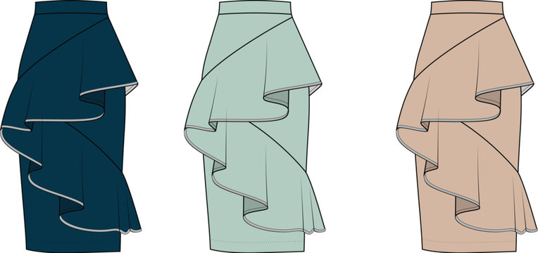 Fashion Illustration Collection of stylish ruffle skirts in various colors for design inspiration and apparel