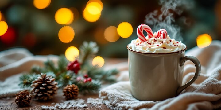 A steaming mug of whipped cream-topped cocoa adorned with festive candy canes, pinecones, and blurred holiday lights sets a cozy scene. - Powered by Adobe