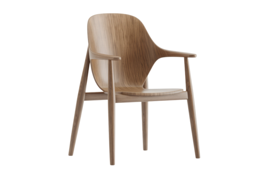 A modern, minimalist wooden dining chair with elegant curved contours and armrests, showcasing natural light wood grain finish. background removed