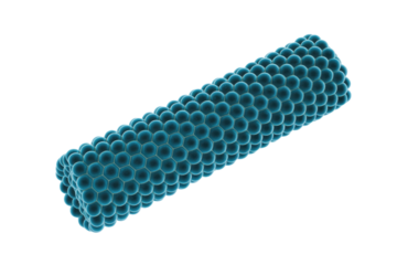 A 3D rendered blue cylindrical structure composed of hexagonal units, resembling a biological filament or synthetic nanostructure on a transparent background. background removed
