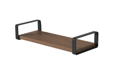 A modern floating wall shelf featuring a dark wooden plank supported by sleek black metal brackets, ideal for minimalist home decor. background removed