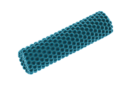 A 3D rendered blue cylindrical structure composed of hexagonal units, resembling a biological filament or synthetic nanostructure on a transparent background. background removed
