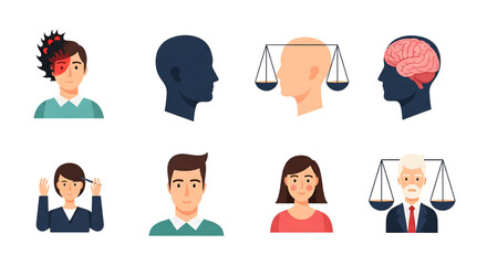 Diverse vector icons exploring human psychology and the mind depicting mental health, emotions, stress, justice, and cognitive processes for identity and awareness concepts