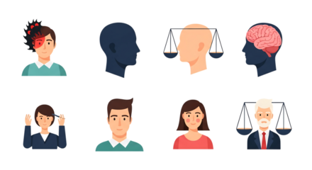 Diverse vector icons exploring human psychology and the mind depicting mental health, emotions, stress, justice, and cognitive processes for identity and awareness concepts