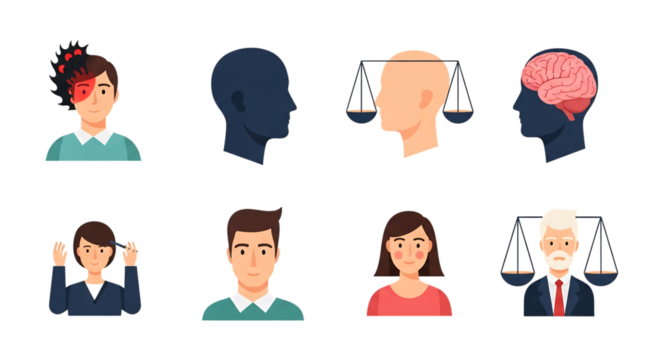 Diverse vector icons exploring human psychology and the mind depicting mental health, emotions, stress, justice, and cognitive processes for identity and awareness concepts