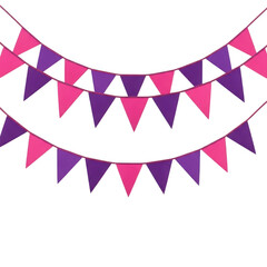 Vibrant pink and purple triangle bunting flags for festive celebrations and decorations transparent background