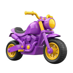 Bright purple toy motorcycle with yellow accents and realistic tires transparent background