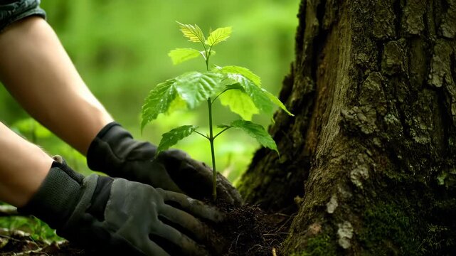 Tree planting in serene forest environment. Gardener nurtures sapling near tree trunk. Nature conservation evokes feelings of hope and growth.