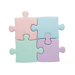 Four pastel colored puzzle pieces interconnected forming a square shape transparent background