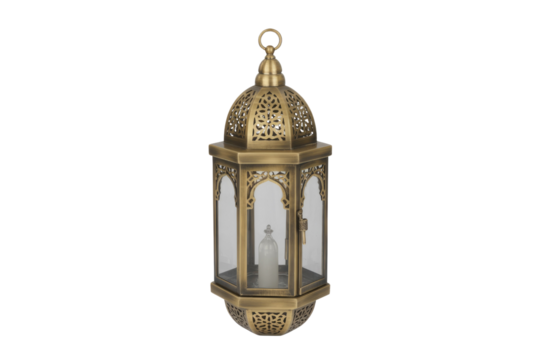 Ornate brass lantern with intricate Arabic patterns, glass panels, and a candle inside. Ideal for festive decorations or ambient lighting. background removed