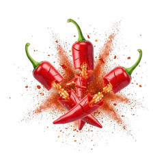 Dynamic red chili peppers exploding with fiery spice powder action shot transparent background