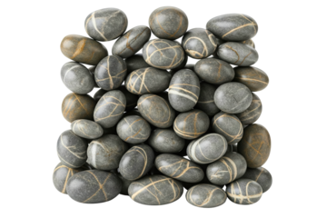 Pile of gray striped wishing stones with natural patterns isolated on a transparent background