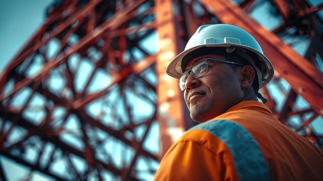 A focused worker wearing a helmet and glasses stands in front of a large industrial structure, exuding professionalism and determination.