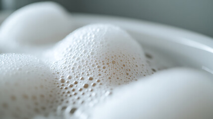 Close-up view of bubbly white foam, creating an abstract and textured pattern. The focus is on the intricate details of the foam. It is a soft and delicate aesthetic.