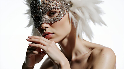 Fashion portrait of a woman in a luxurious jeweled mask and white feathered headdress. Avant-garde beauty concept. Studio shot with copy space.