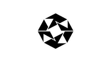 A striking abstract geometric logo design featuring a central flowerlike shape formed by interconnected triangles, creating a sense of motion and balance