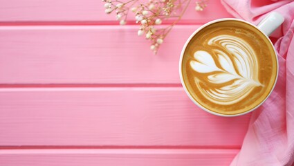 Aesthetic latte art on pink wooden background with flowers and cloth creating a cozy scene