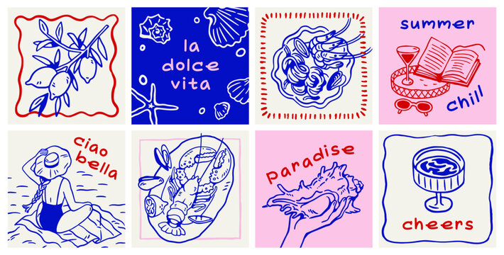 Dolce vita, summer holiday cards set. Sea resort vacation with lemon fruits, Italian food, seafood, cocktail, book and seashell drawings, sketches, square doodle design. Hand-drawn vector illustration