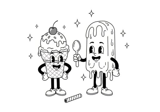 Cartoon ice cream characters smiling with spoon and wafer