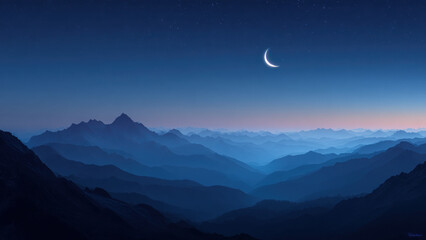 Fototapeta premium Night Mountain Landscape with Crescent Moon