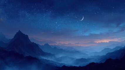 Fototapeta premium Night Mountain Landscape with Crescent Moon