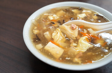 Delicious Hot and Sour Soup served in a bowl.