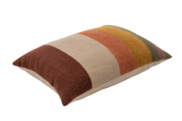 Comfortable rectangular pillow with horizontal stripes in warm, textured hues of brown, beige, orange, and green for home decor. background removed