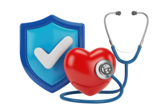 Health protection concept with a blue shield, white checkmark, red heart, and stethoscope. Symbolizes cardiac care and medical security. background removed