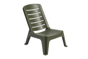 A dark green plastic outdoor chair, featuring a slatted back and seat, designed for durability and comfort in garden or patio settings. background removed