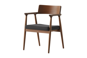 A stylish modern wooden dining chair featuring a dark gray upholstered seat and elegant armrests, perfect for contemporary interiors. background removed
