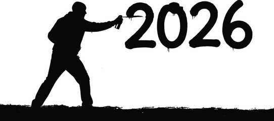 Silhouette of a person spraying year 2026 a wall, isolated a concept image representing future and upcoming year